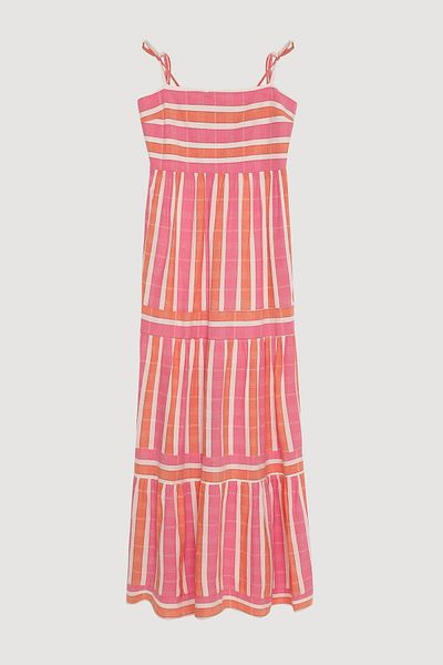 Quzu Striped Midi Dress with Bead Accessories Pink
