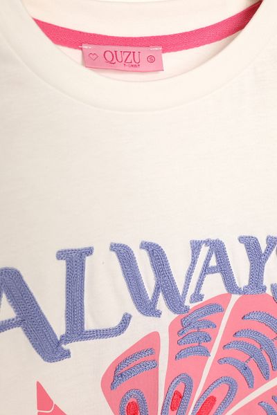 Quzu Text Embroidered Floral Printed T-Shirt Ecru