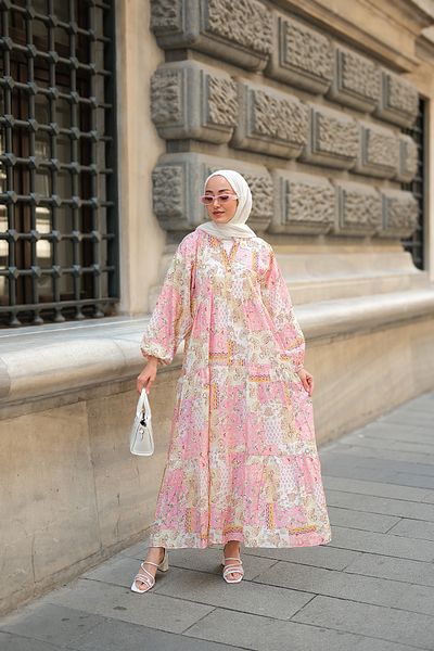 LOCCO Γυναικείο Vintage Φόρεμα με Floral σχέδιο Ροζ