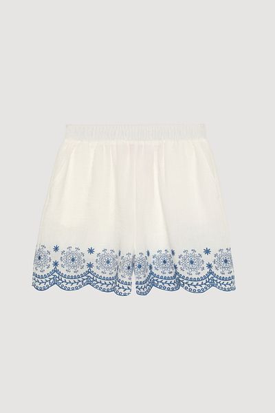 Quzu Embroidery Detailed Elastic Waist Mini Shorts Ecru