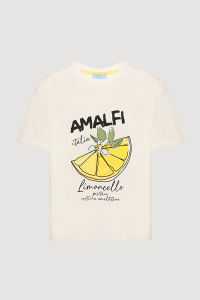 Quzu Amalfi Text Printed Lemon T-Shirt Ecru