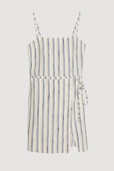 Quzu Front Tie Slit Linen Mini Dress Blue