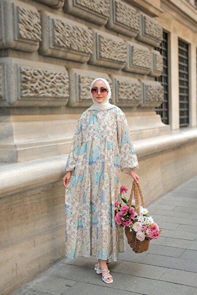 LOCCO Women's Vintage Floral Patterned Dress Blue