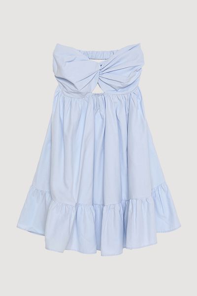 Quzu Front Knot Detailed Back Low-Cut Strapless Mini Dress Blue
