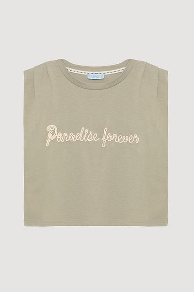 Quzu Text Embroidered Sleeveless Crop T-Shirt Khaki