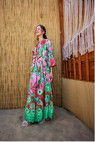 LOCCO Kadın Soyut Botanik Desen Elbise Pembe-Kırmızı