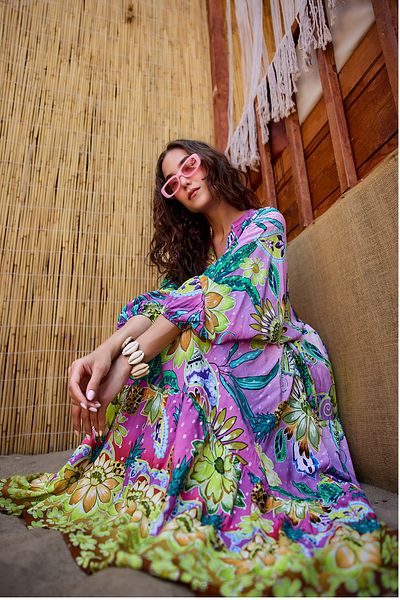 LOCCO Women's Abstract Botanical Pattern Dress Pink-Purple