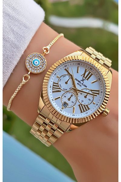 Daniel Klein Brand Gold Color Cut Mirror Glass Women's Wristwatch - With Bracelet Gift