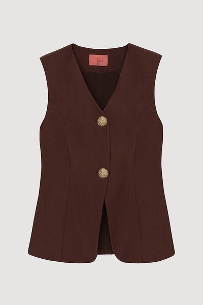 Quzu Double Button V-Neck Vest Jacket Brown