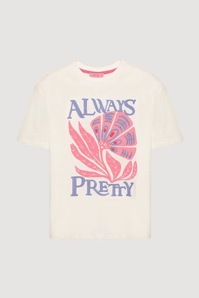 Quzu Text Embroidered Floral Printed T-Shirt Ecru