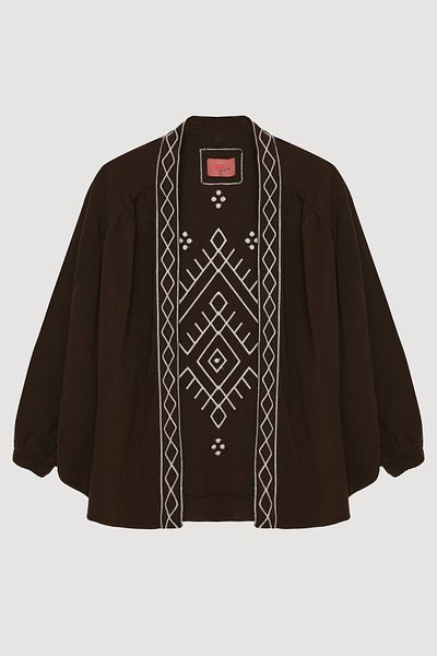 Quzu Ethnic Patterned Stripe Embroidered Short Linen Kimono Dark Brown
