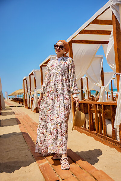 LOCCO Дамска рокля с шарка на палми, кафява