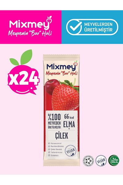 mixmey بار فاكهة الفراولة 24 قطعة |   وجبات خفيفة صحية - نباتية، خالية من الغلوتين، خالية من المواد الحافظة (20 جرام × 24 قطعة)