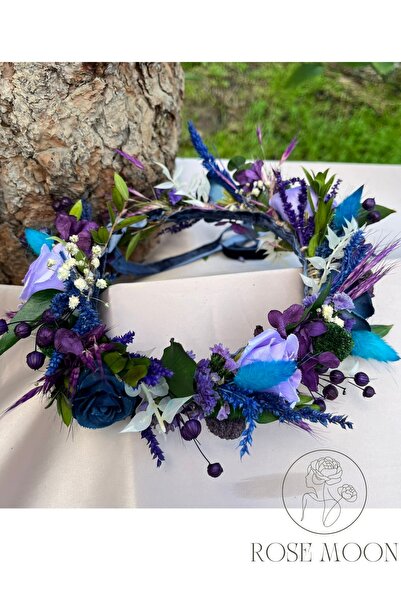 Tasarım RoseMoon El Yapımı Gelin-Nedime Tacı Mor, Mavi – Gerçek Kurutulmuş Çi...