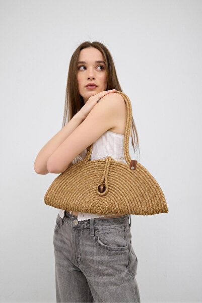 Shule Bags Paper Buttoned Handmade Straw Shoulder Bag Mink