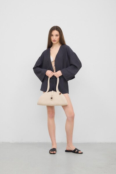 Shule Bags Paper Buttoned Handmade Straw Shoulder Bag Cream