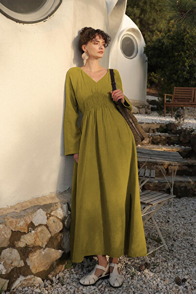 Cockatoo Women's V-Neck Waist Gipeli Wide Sleeve Slit Detail Long Cotton Muslin Dress