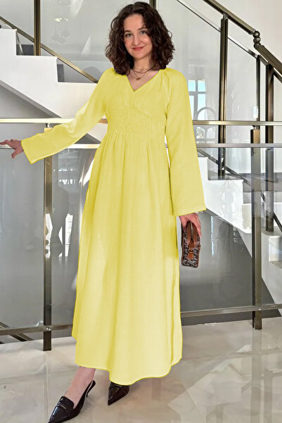 Cockatoo Kadın V Yaka Beli Gipeli Geniş Kollu Yırtmaç Detaylı Uzun Pamuk Müslin Elbise