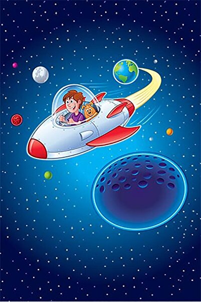 on the clouds Uzay Desenli Halı Dijital Baskı Yıkanabilir Kaymaz Taban Gezegen Roket Desenli Çocuk Odası Halısı