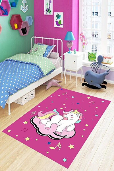 on the clouds Bulut Üstünde Unicorn Desenli Dijital Baskılı Kaymaz Taban Çocu...