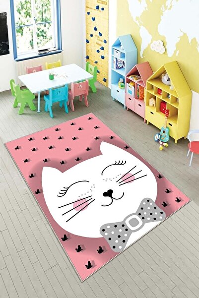 on the clouds Pembe Kedi Desenli Yıkanabilir Kaymaz Taban Leke Tutmazbebek Ve...