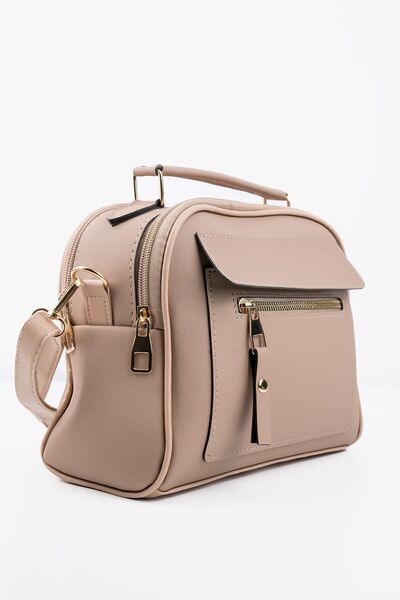Women's Mink Lacoste Leather 3 Compartment Adjustable Strap Hand and Shoulder Bag