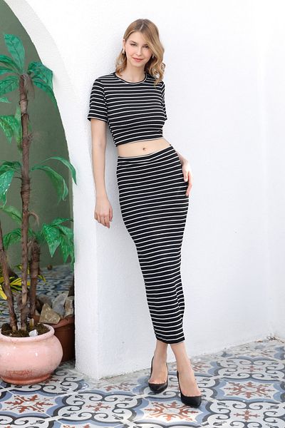 Fulla Moda Striped Crew Neck Crop Suit