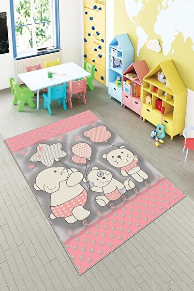 on the clouds Pembe Sevimli Hayvan Desenli Yıkanabilir Kaymaz Taban Leke Tutm...