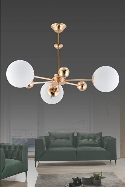 İstanbul Avize Nairobi 3'lü Gold Beyaz Glop Camlı Avize