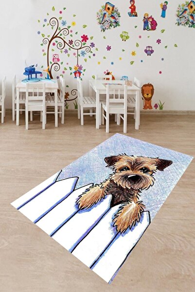 on the clouds Yavru Köpek Desenli Dijital Baskı Yıkanabilir Kaymaz Taban Çocu...