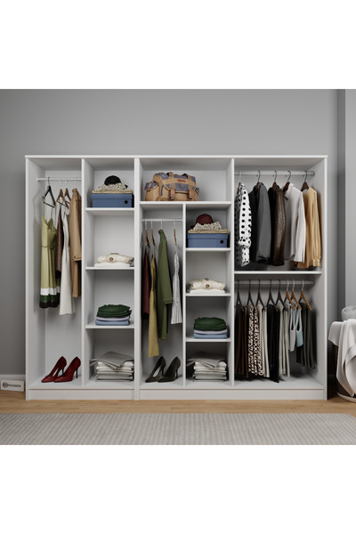 midoser Kardelen Serisi Mat Beyaz 6 Kapaklı 9 Raflı Elbise Dolabı 220 Cm - Gardırop Seti