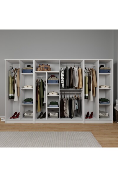 midoser Kardelen Serisi Beyaz 8 Kapaklı 13 Raflı 300 Cm Elbise Dolabı - Gardırop Seti
