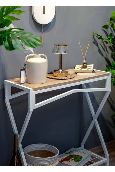 toprakhome Bohem Dresuar Ahşap Raflı Metal Çok Amaçlı Salon ve Hol Standı Saf...