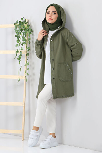 Tesettür Dünyası Kapesní džínová čepice s kapucí Tsd5528 Khaki