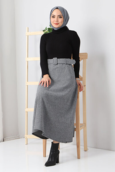 Tesettür Dünyası Herringbone Patterned Mevlana Skirt Tsd0047 Gray