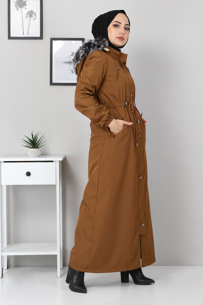 Tesettür Dünyası Waist Lace-Up Capped Coat Tsd1936 Tan