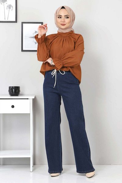 Tesettür Dünyası Pantaloni blugi cu talie elastică cu picior lat Tsd22045 Albastru închis