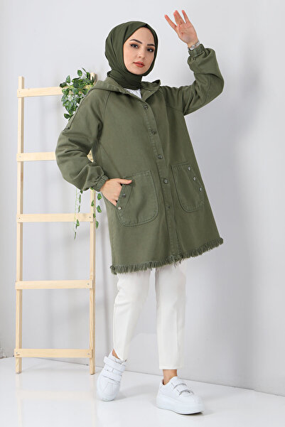 Tesettür Dünyası Kapesní džínová čepice s kapucí Tsd5528 Khaki