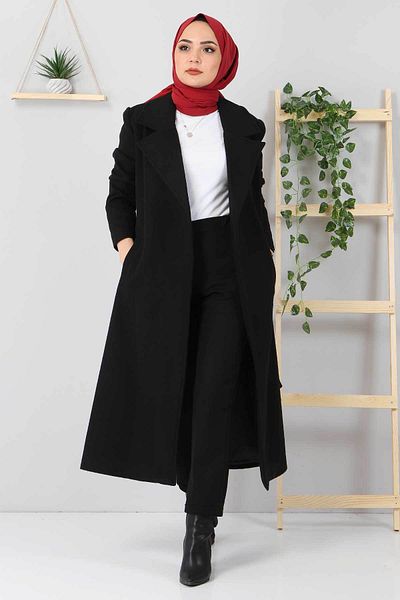 Tesettür Dünyası Waist Belted Kachet Coat Tsd1956 Black