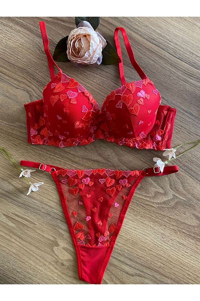 RUYAZ Lace Padded Valentine's Day Special Women's Red Underwear Set Padded Bra Suit