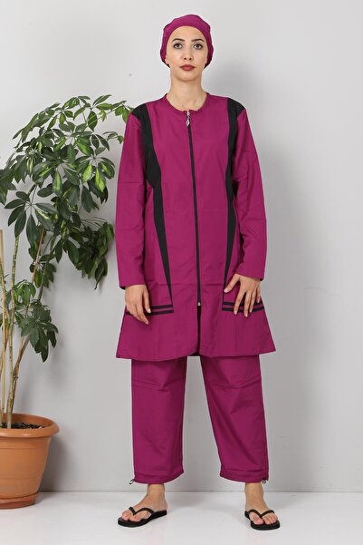 Tesettür Dünyası Eteği Şeritli Tesettür Mayo Tsd8826 Mor - Siyah