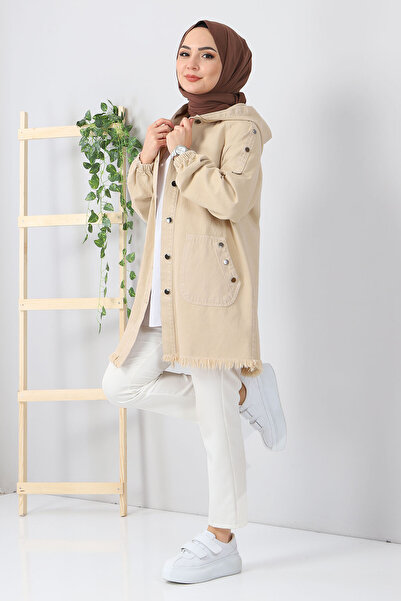 Tesettür Dünyası Kapesní džínová čepice s kapucí Tsd5528 Béžová