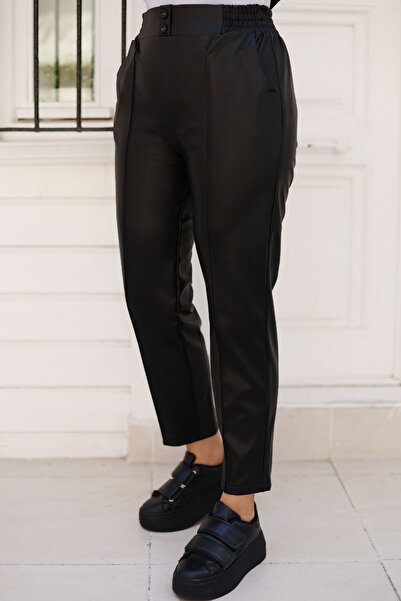 Tesettür Dünyası Black Leather Trousers - Front Button Detailed Tsd 240930