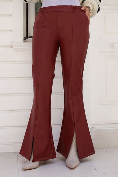 Tesettür Dünyası Burgundy Leather Trousers - Spanish Leg, Front Slit Tsd 240813
