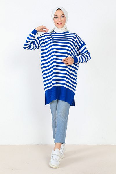 Tesettür Dünyası Striped Knitwear Tunic Tsd230716 Saks Blue
