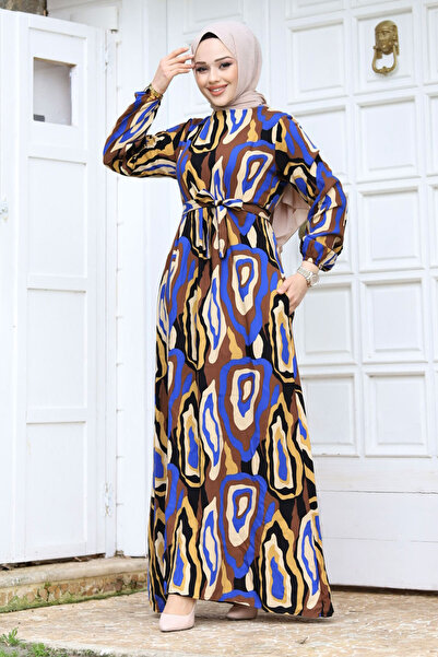 Tesettür Dünyası Dlouhé hidžábové šaty s leopardím vzorem a páskem v pase TSD240235 Saks modrá