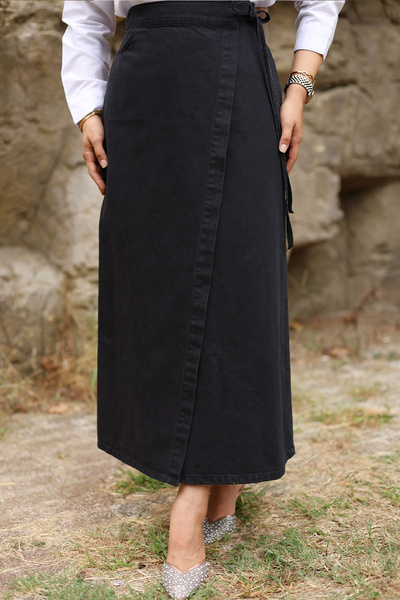 Tesettür Dünyası Černá džínová sukně - boční kravata, Tsd 240615