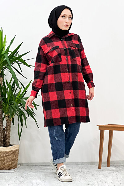 Tesettür Dünyası Kockás favágó ing Tsd221004 Piros