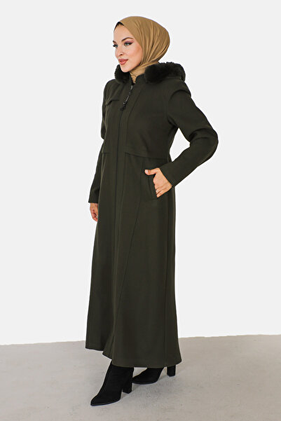 Tesettür Dünyası Kašmírový kabát na zip po celé délce TSD230913 Khaki