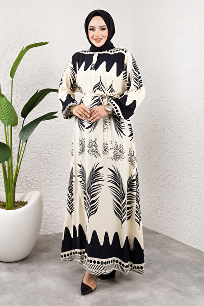 Tesettür Dünyası Su Yolu Etnik Desenli Viskon Uzun Tesettür Elbise TSD240955 Siyah
